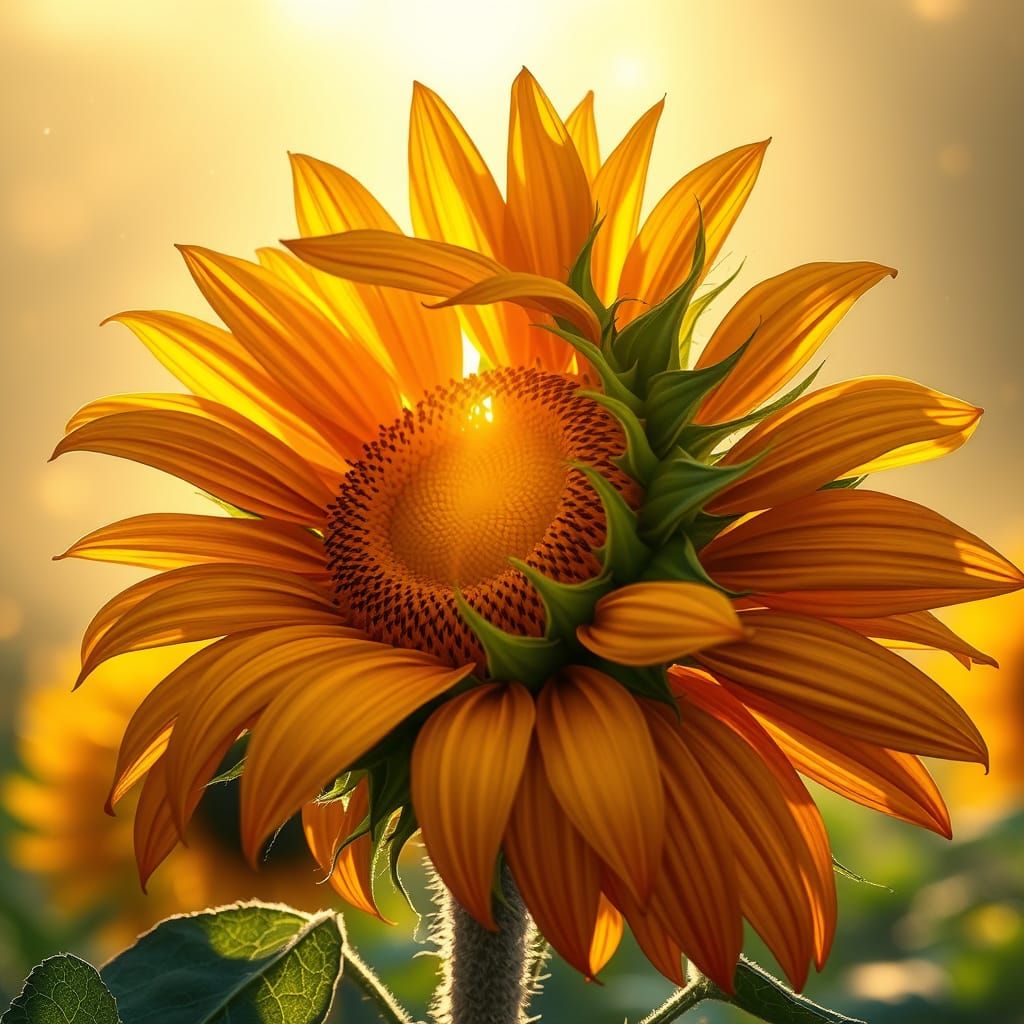 Sunflower Unfurling at Dawn in Hyperrealism