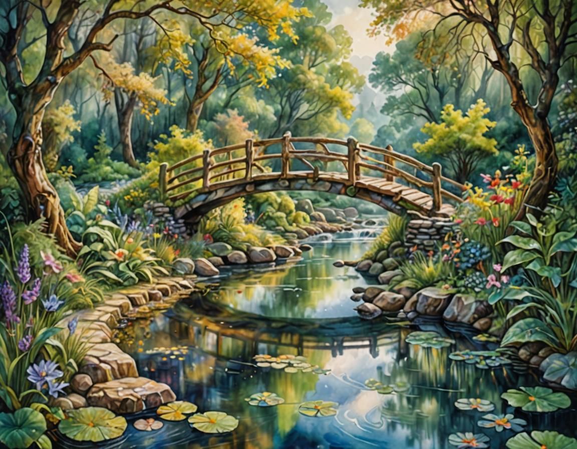 Enchanted Pond Landscape in Watercolor Style