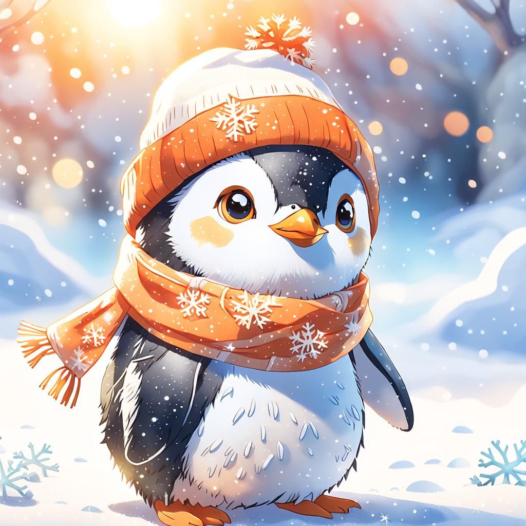 Cute Penguin in Snow, Anime Watercolor Style
