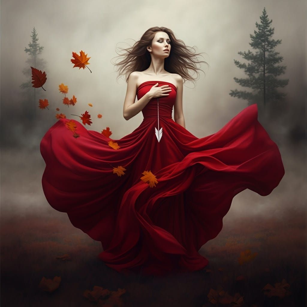 Ethereal Woman Amidst Autumnal Landscape