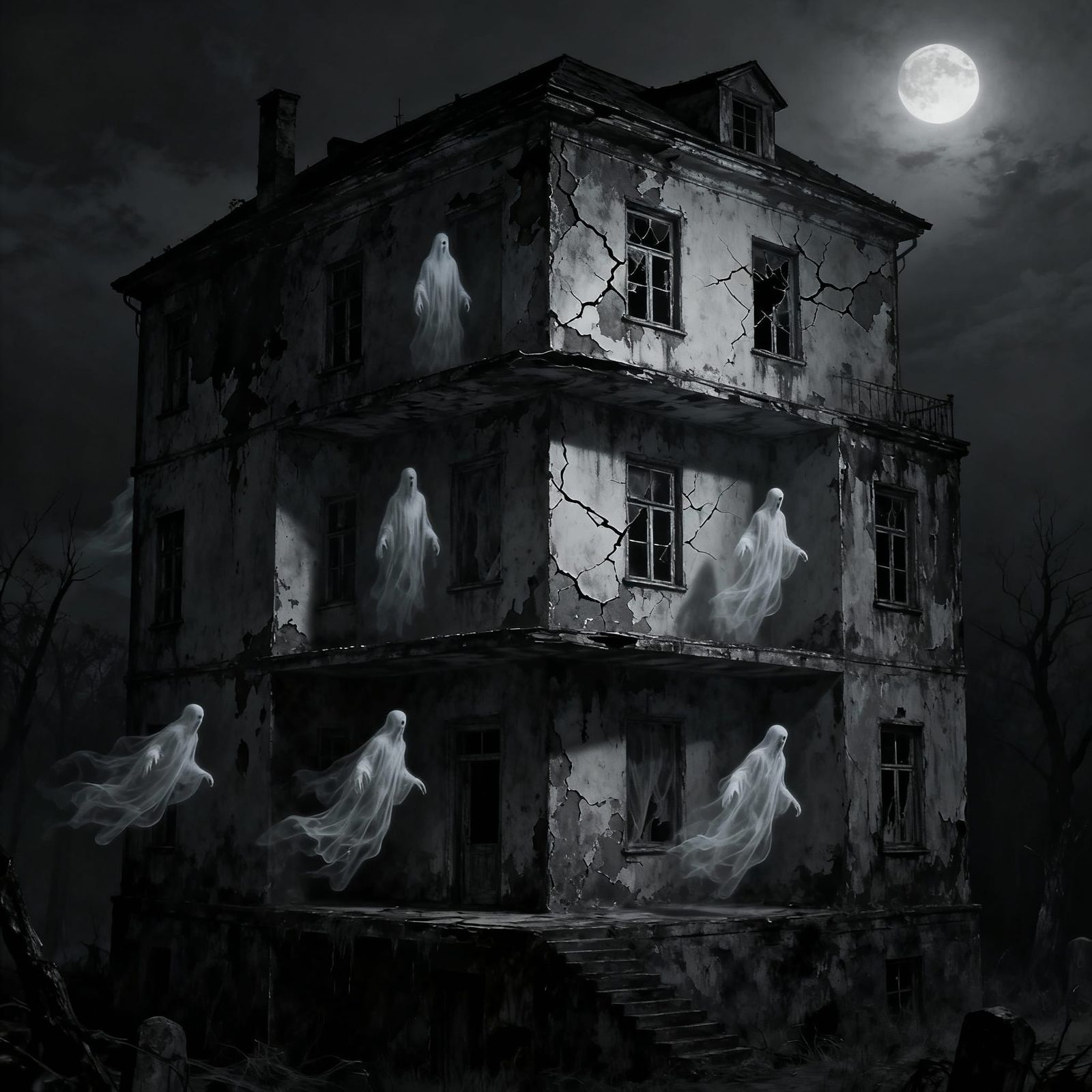 Haunted House with Multi-Level Ghostly Figures