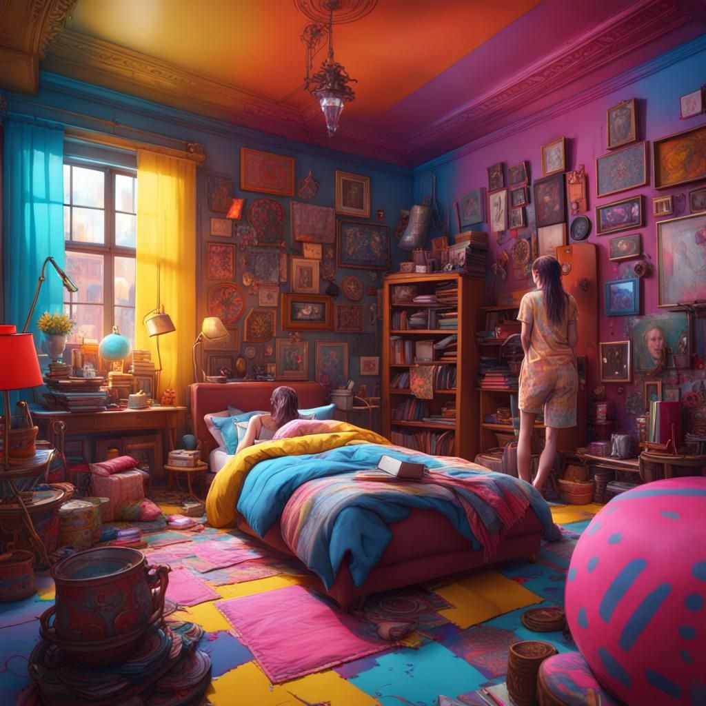 Colorful Room with Mismatched Items in Detailed Painting