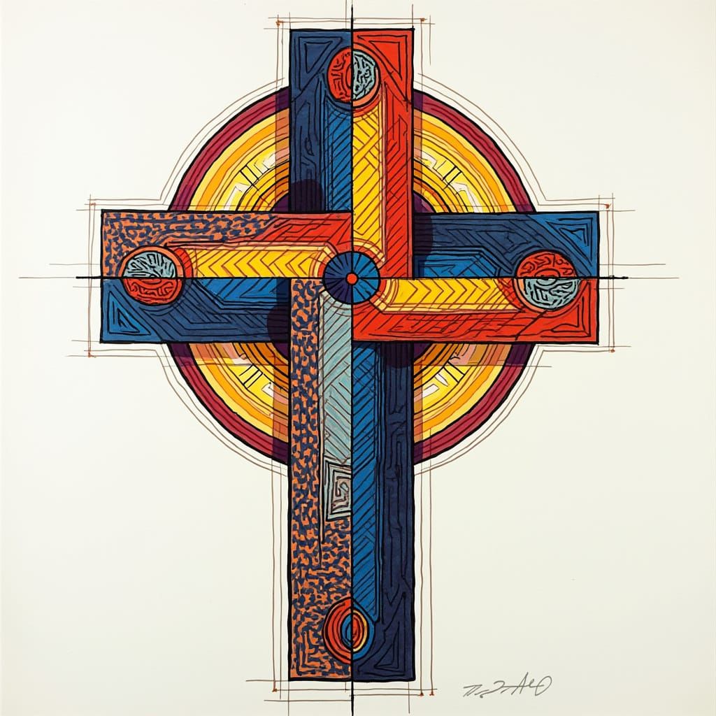 Geometric Cross Drawing in Op Art Style