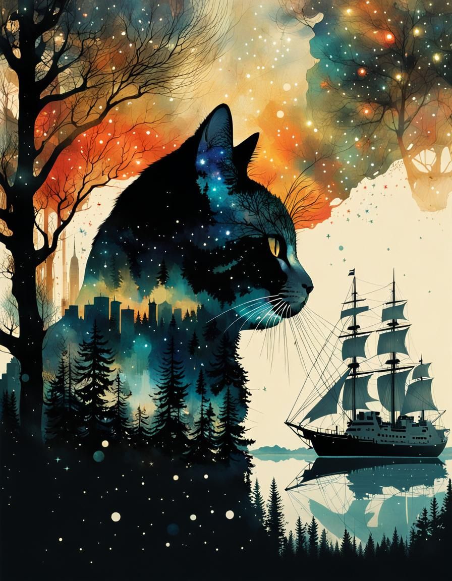Surreal Galaxy Cat Double Exposure Illustration