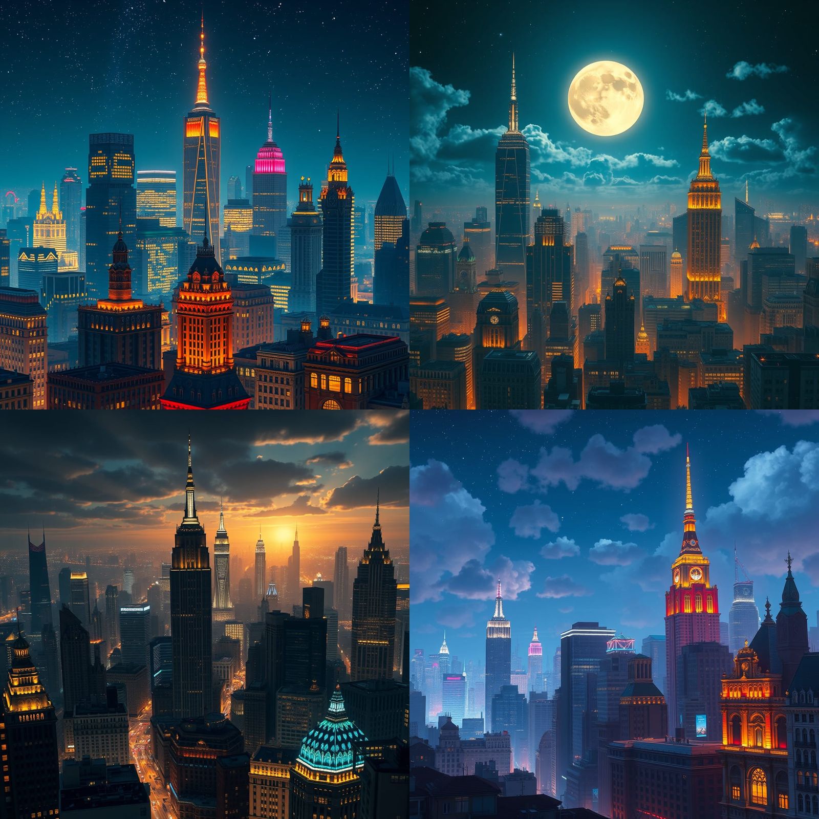 Night Skyline with Moon in Matte Painting Style