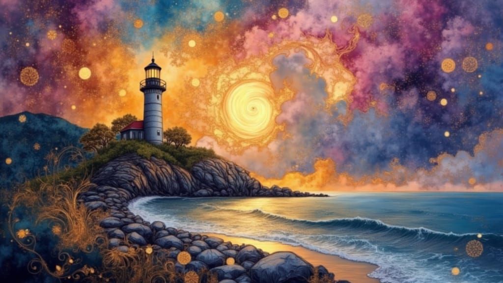 Lonely Lighthouse Line Art with Electric Flourishes