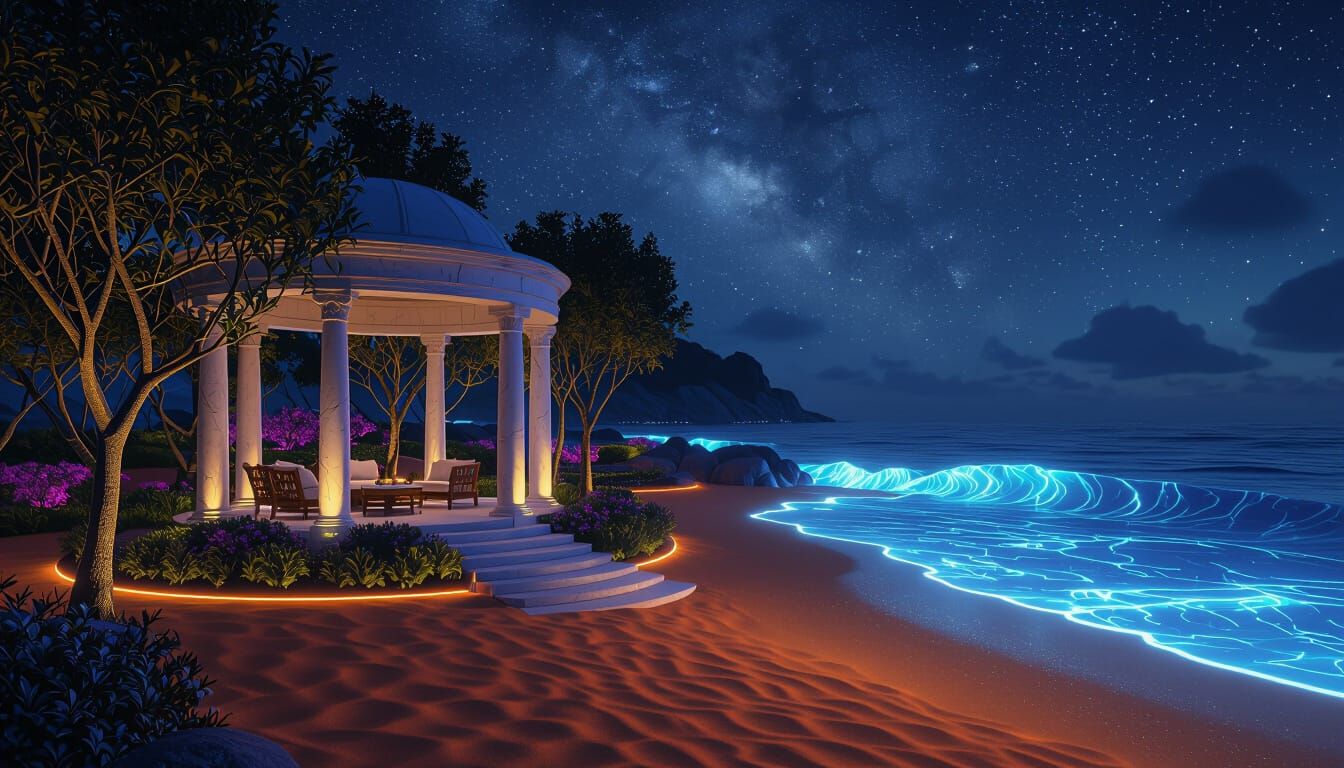 Bioluminescent Night Landscape with Glowing Waves and Starsc...