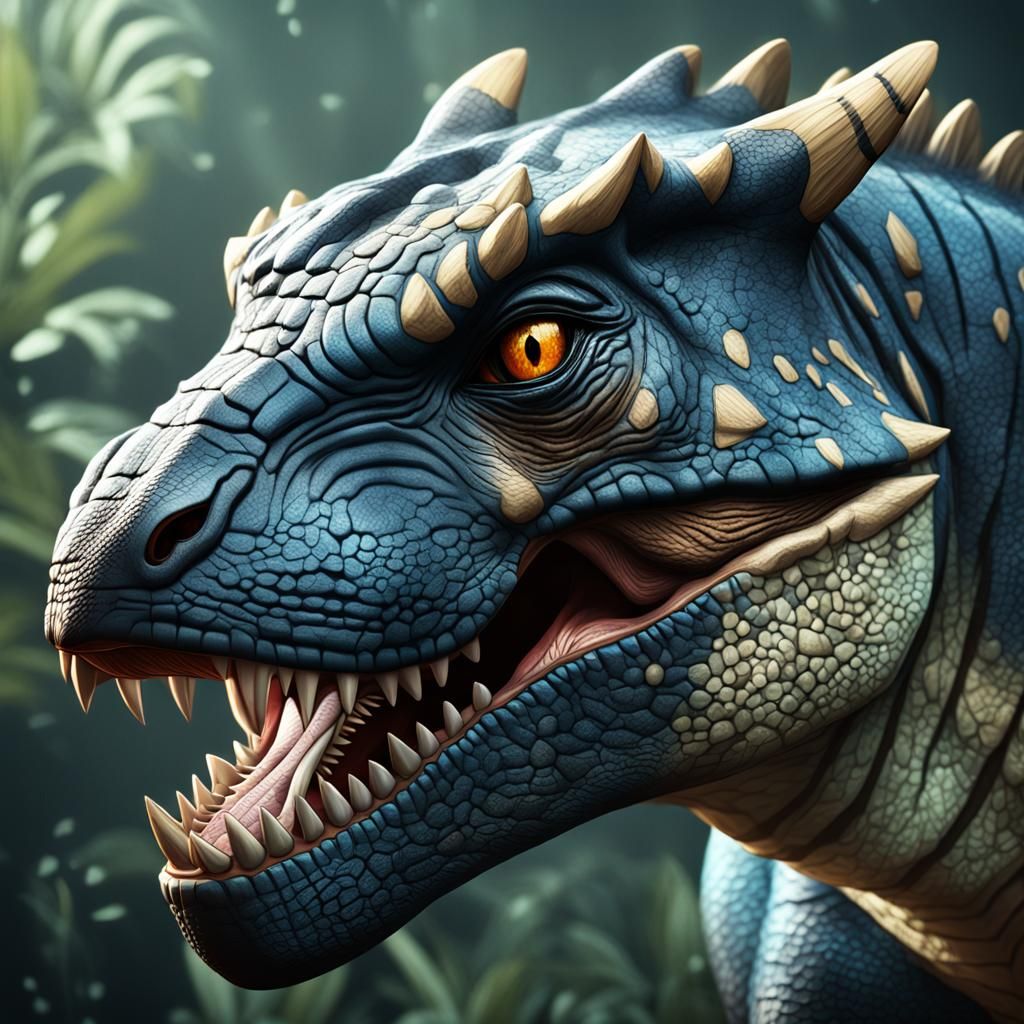 Dramatic Anime-Style Close-up of a Powerful Theropod Dinosau...