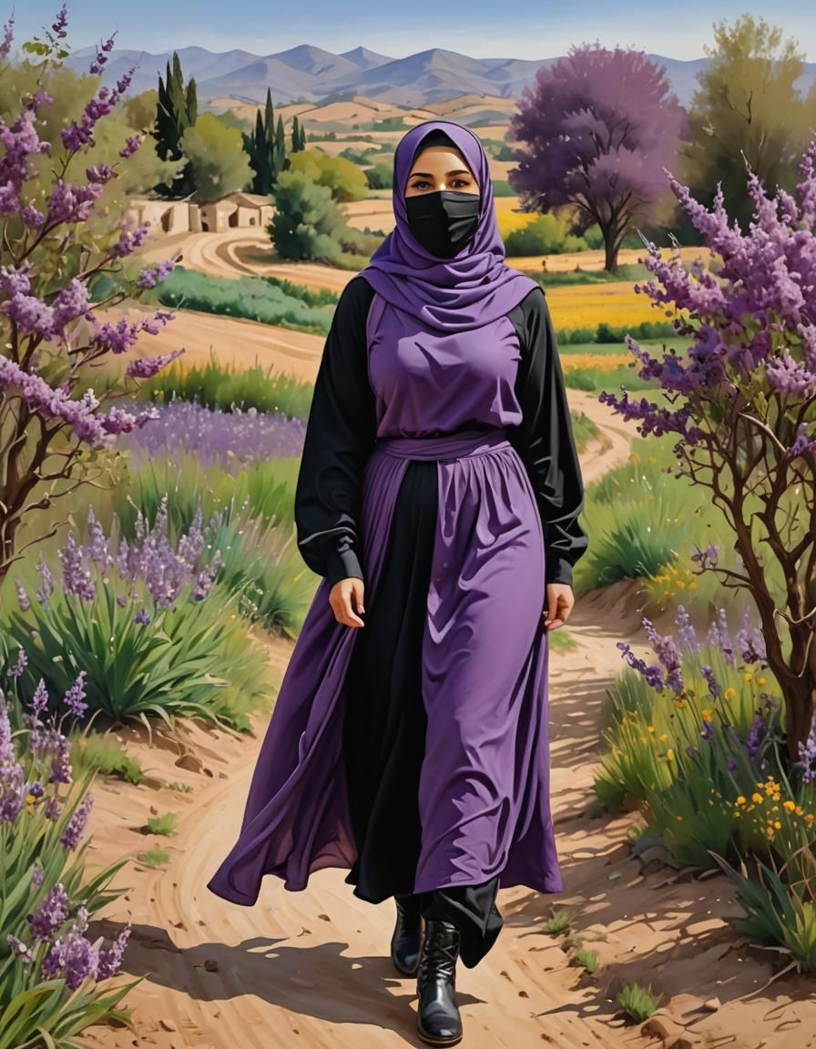 Middle Eastern Woman in Hijab, Oil Gouache Painting