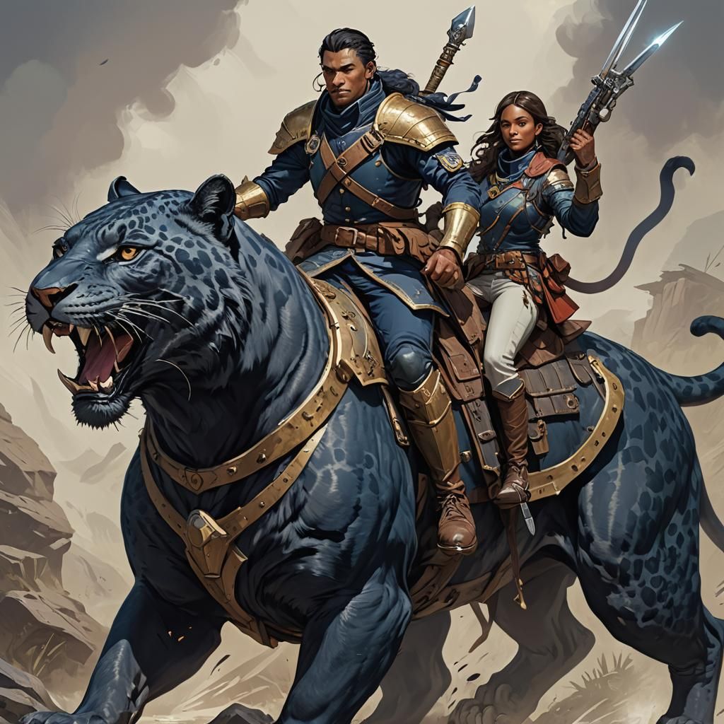 A DnD ranger in navy armor, riding a large Panther