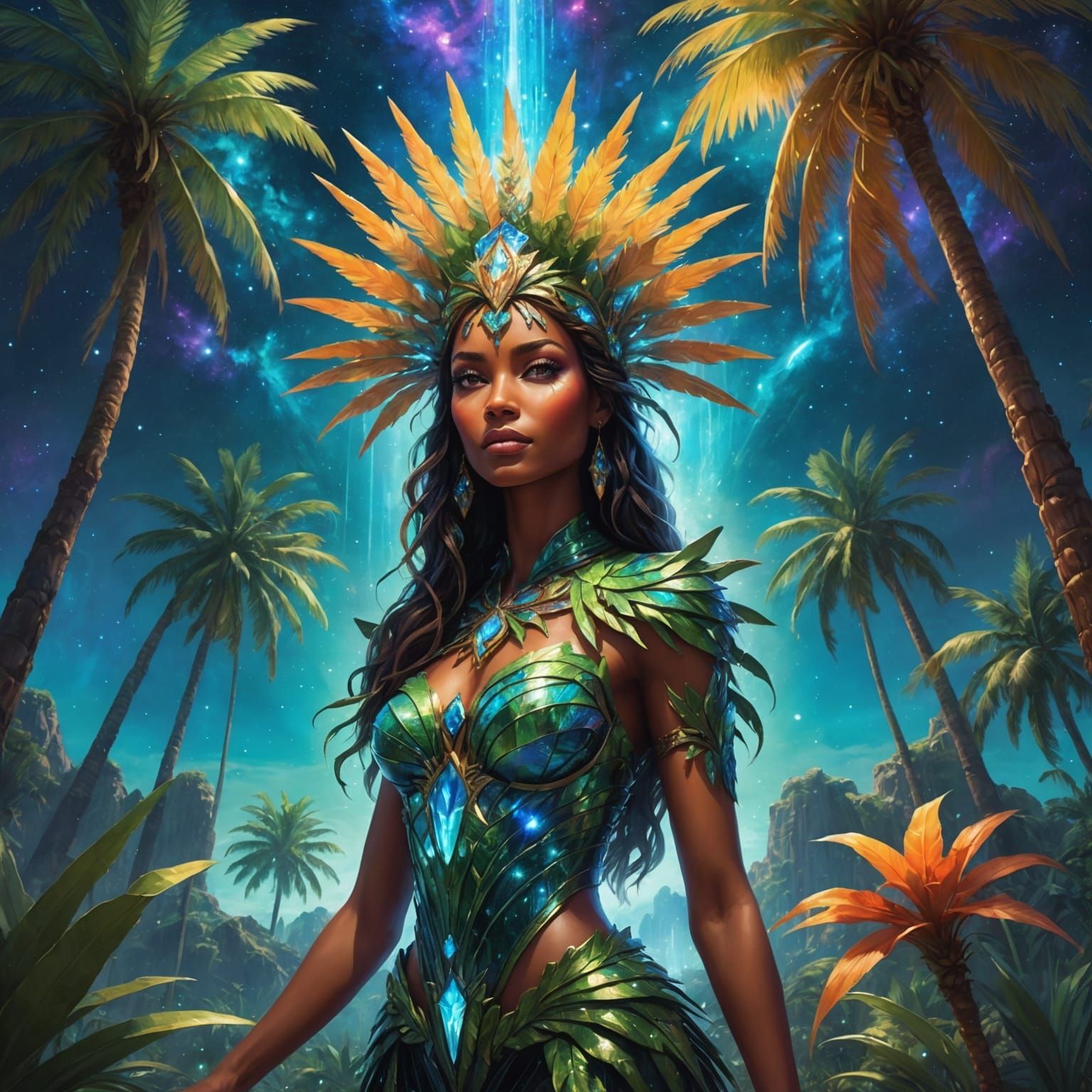A vibrant image of a gorgeous palm tree goddess, her leaves ...
