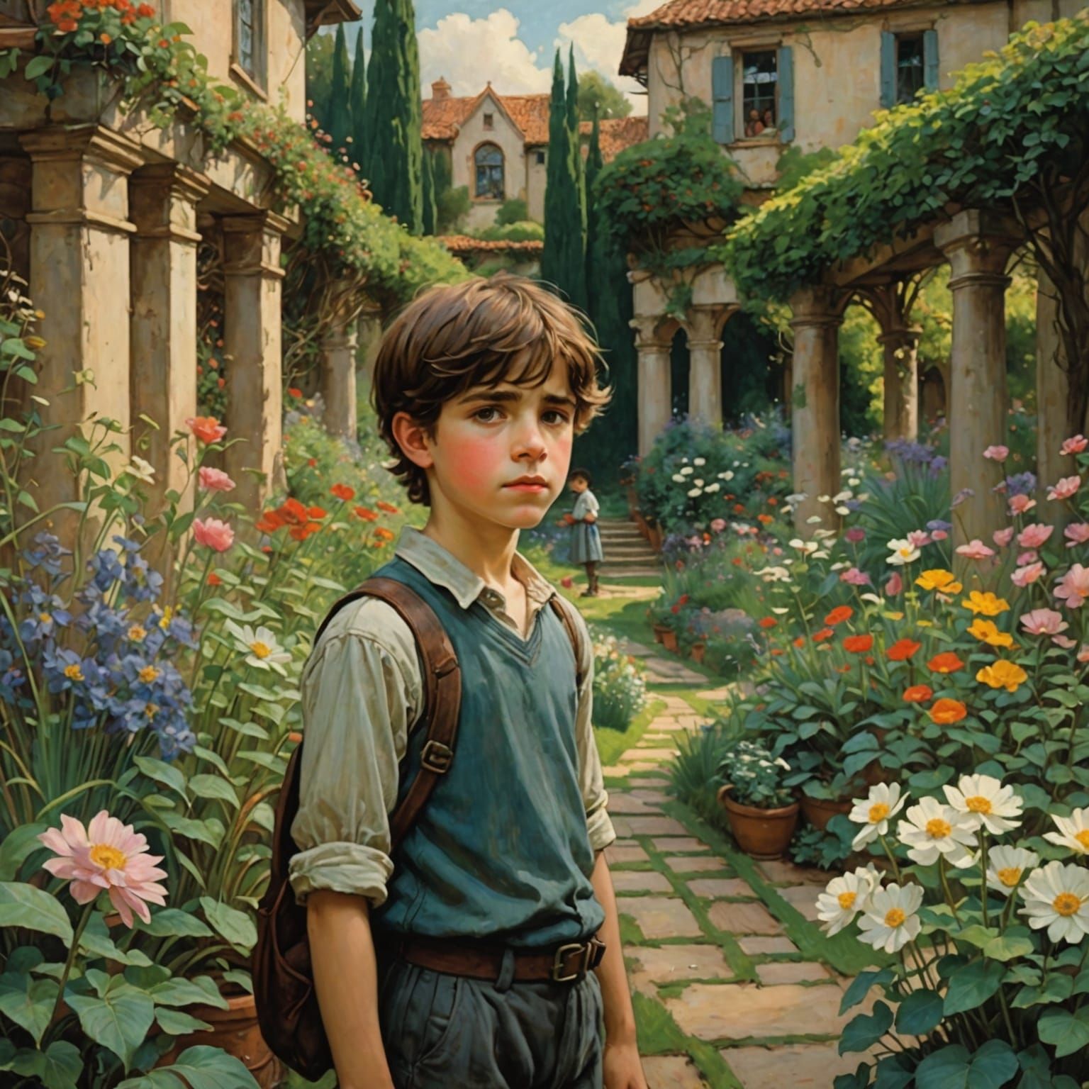 Brothers Astounded in Garden, Anime-Inspired Waterhouse Styl...