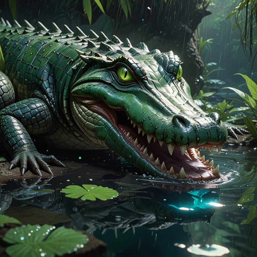 Bioluminescent Crocodile With Glowing Eyes in Ethereal Water