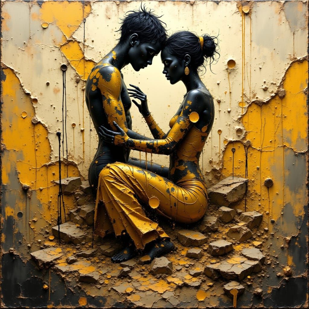 Earthy Embrace: Impasto Painting of Kissing Couple