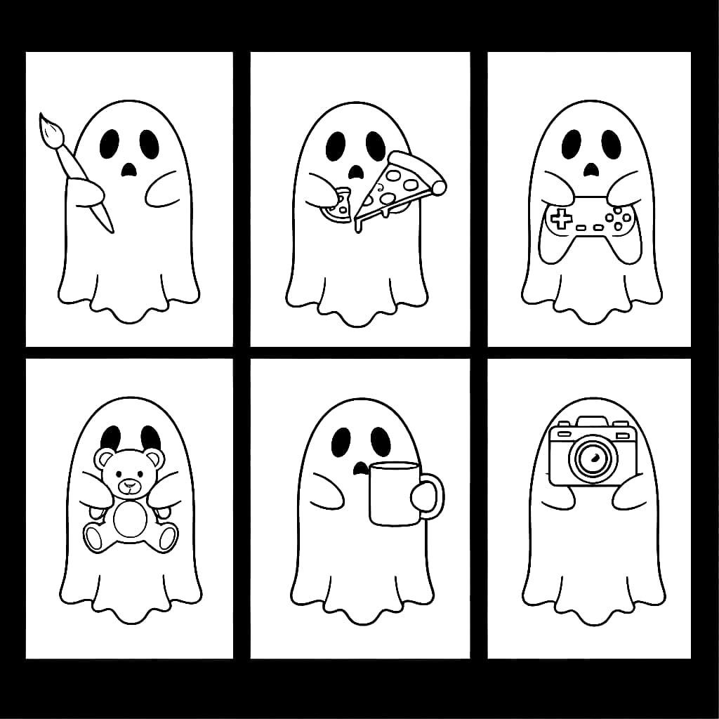 Cartoon Ghosts with Various Objects in Line Art Style