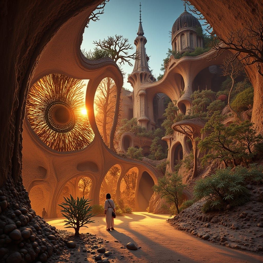 Futuristic Mars Base: Alien Silhouettes in a Mosaic Landscap...