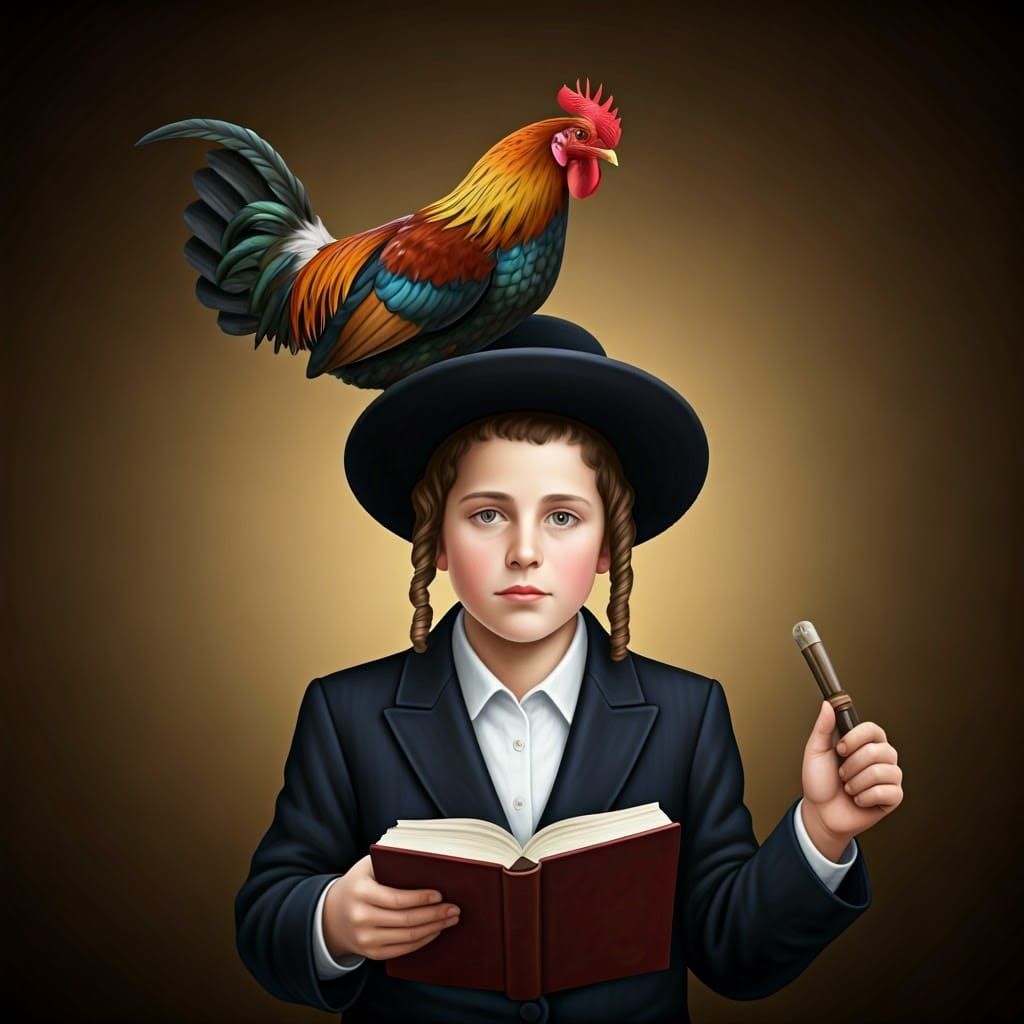 A Hasidic Jewish boy holds a book in one hand and a rooster ...