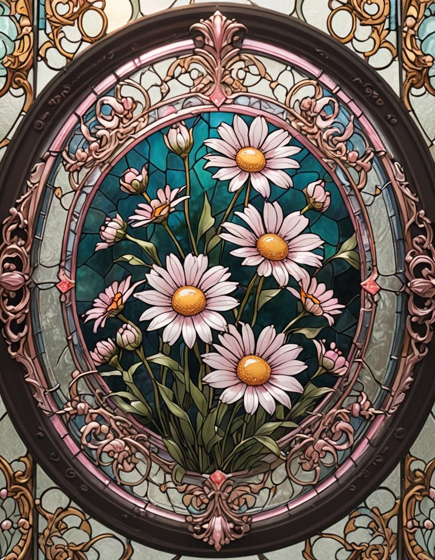 Pink Daisy Stained Glass Art in Anime Style