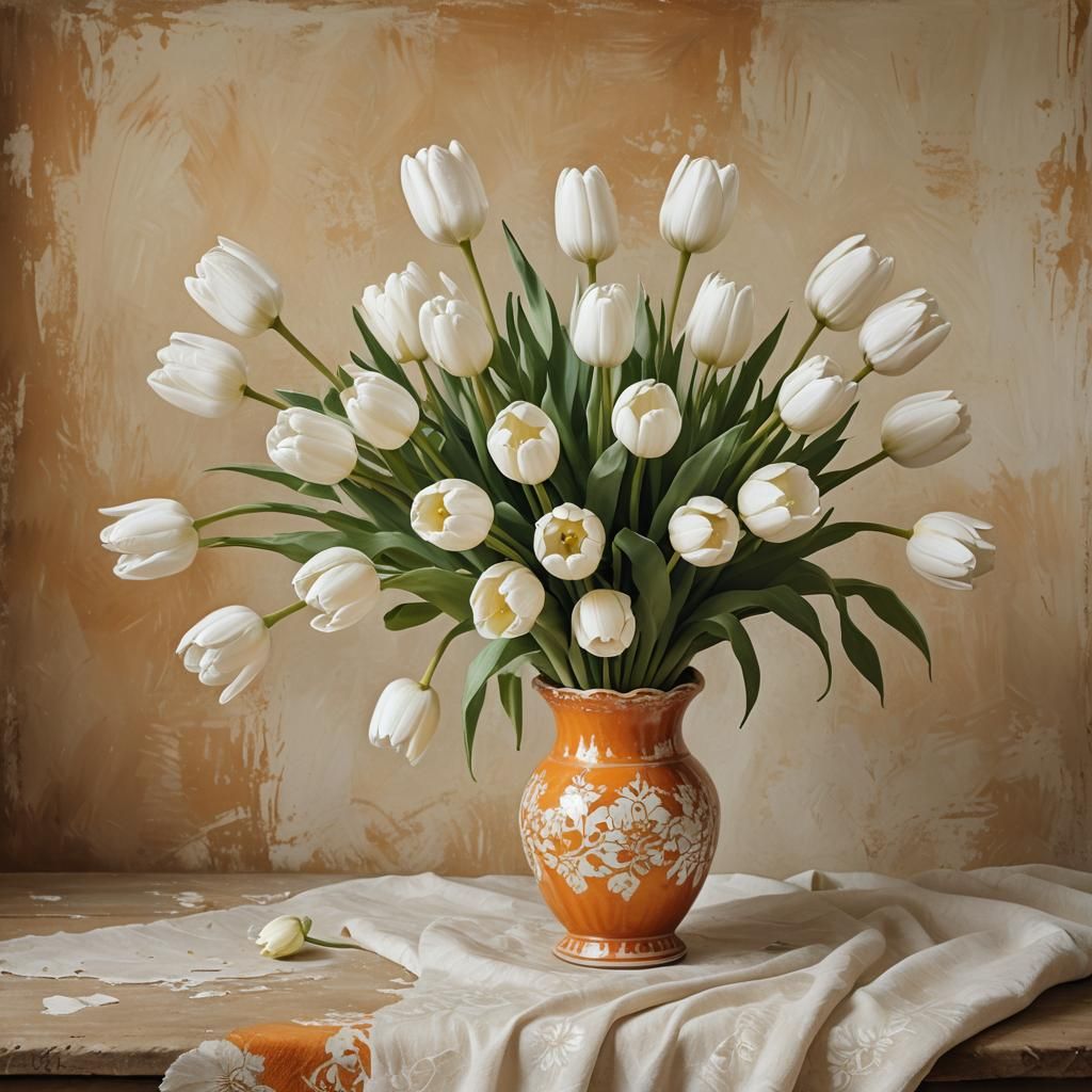 Impressionist Tulips in Vase with Farm Landscape