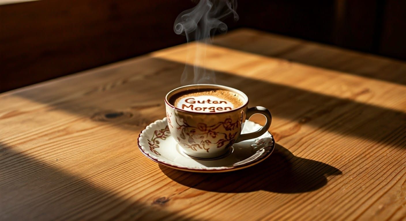 Steaming Coffee Cup with 'Guten Morgen' Message