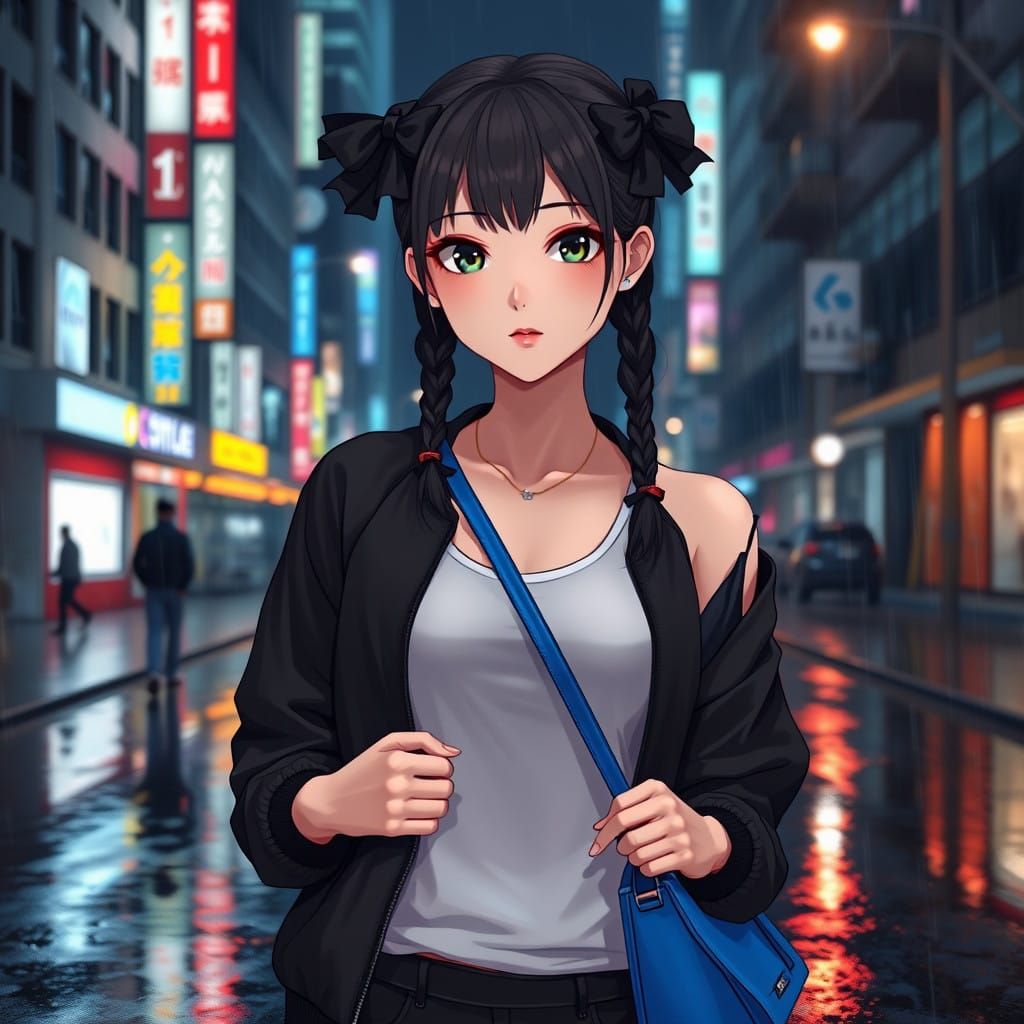 Elegant Woman Illuminated in Neon Rain