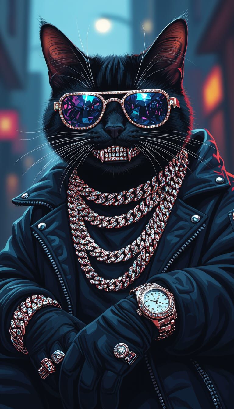 Cat with Iced Out Jewelry in Futuristic Gothic Style
