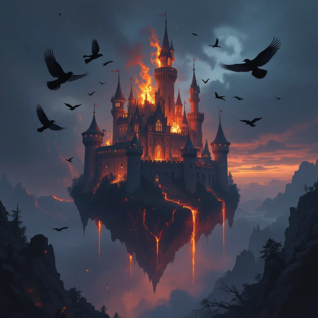 Floating Lava Castle with Ravens in Dramatic Style