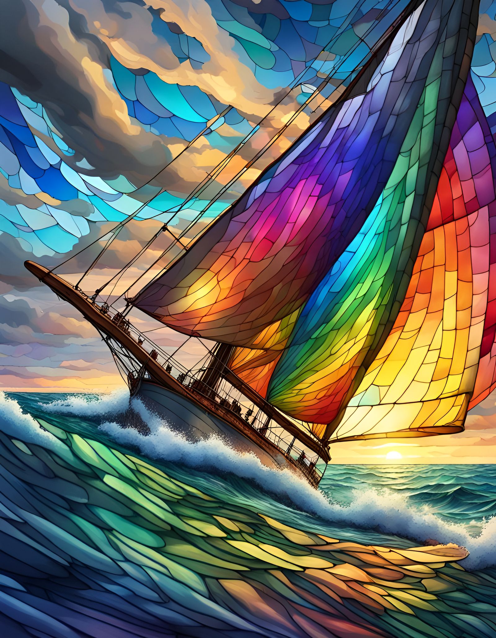 Luminous Stained Glass Sail on Stormy Sea
