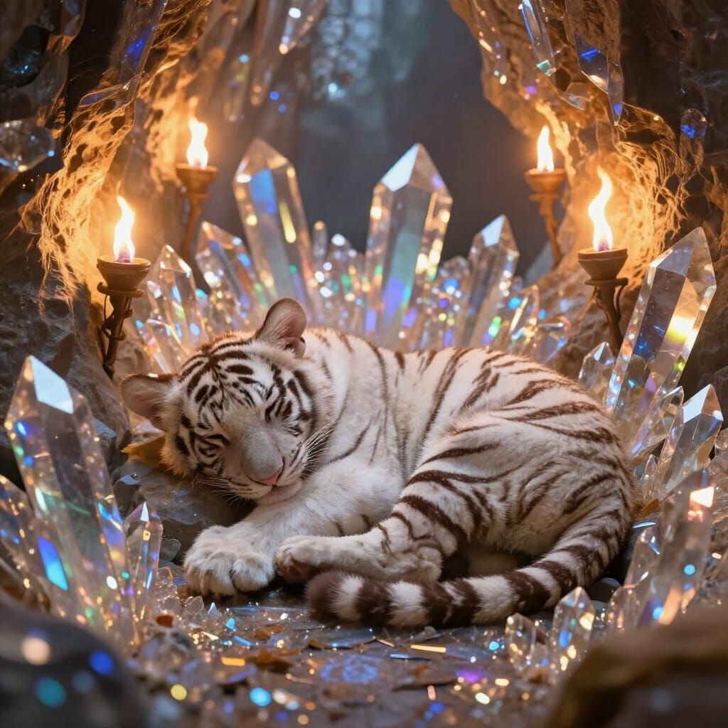 White Tiger Cub Sleeping in Crystal Cave