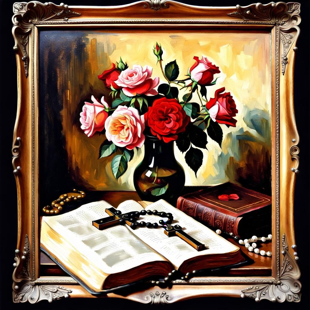 Gothic Roses Still Life in Renaissance Painting Style