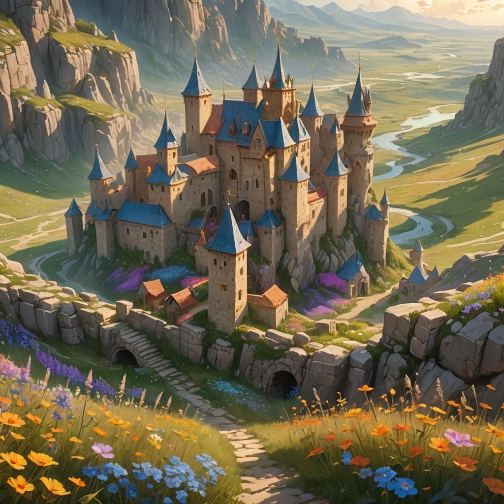 Fortified City Surrounded by Wildflowers: Fantasy Concept Ar...