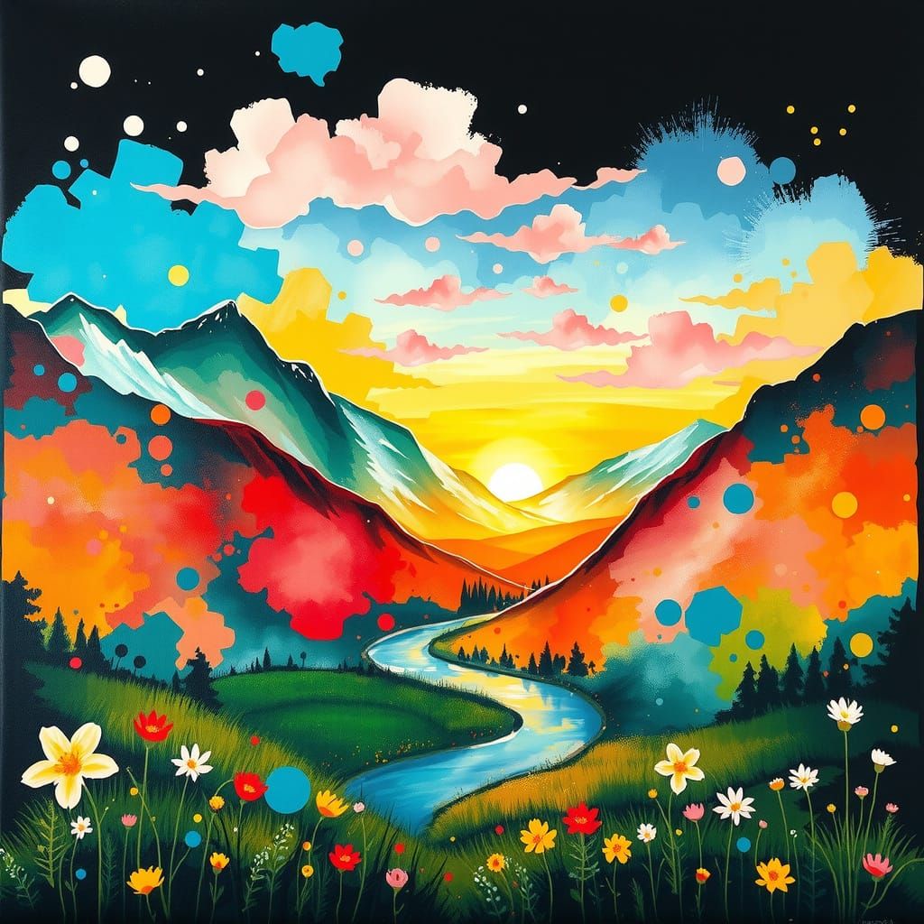 Mountain Valley in Watercolor Double Exposure Painting