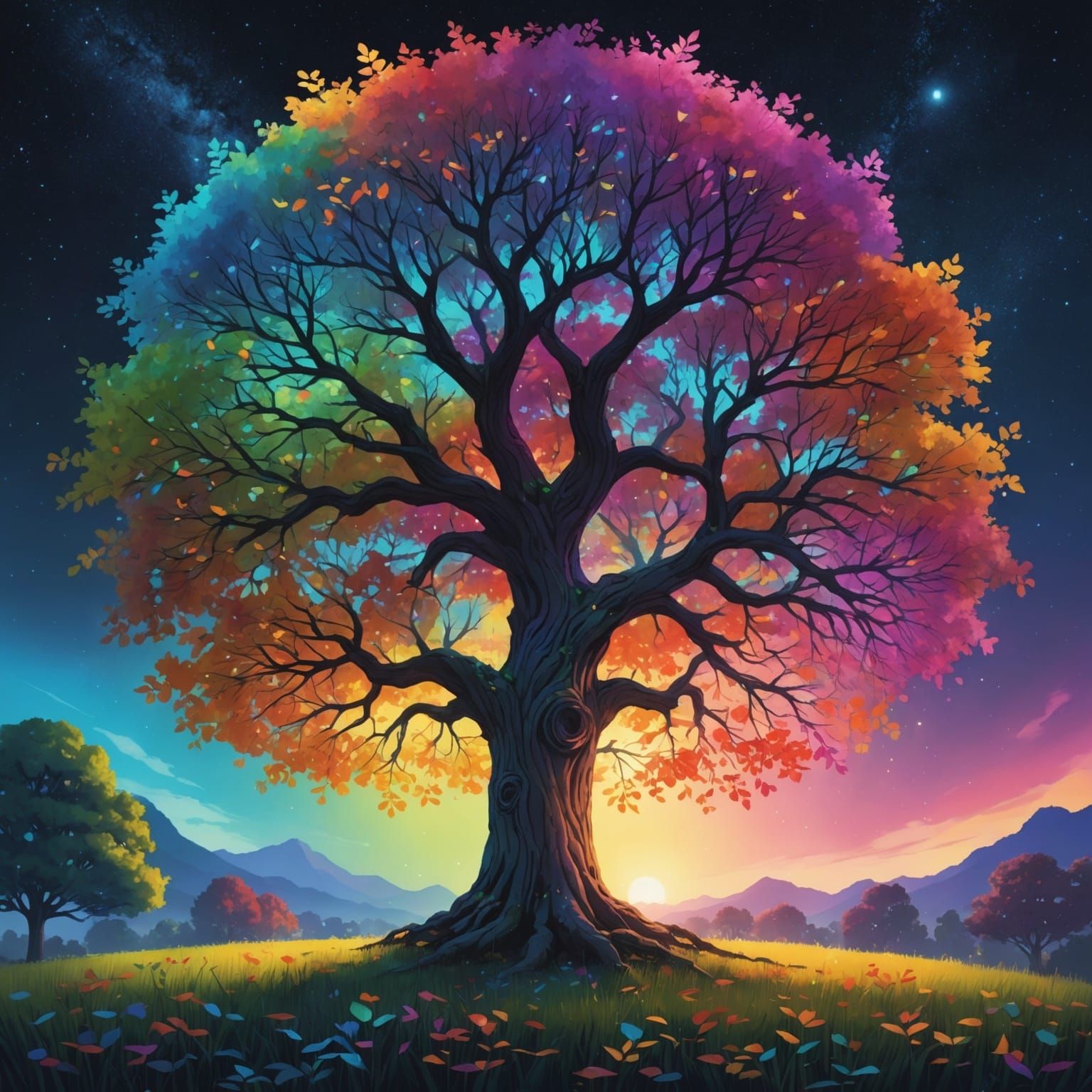 Magical Rainbow Tree in Anime Style Digital Painting