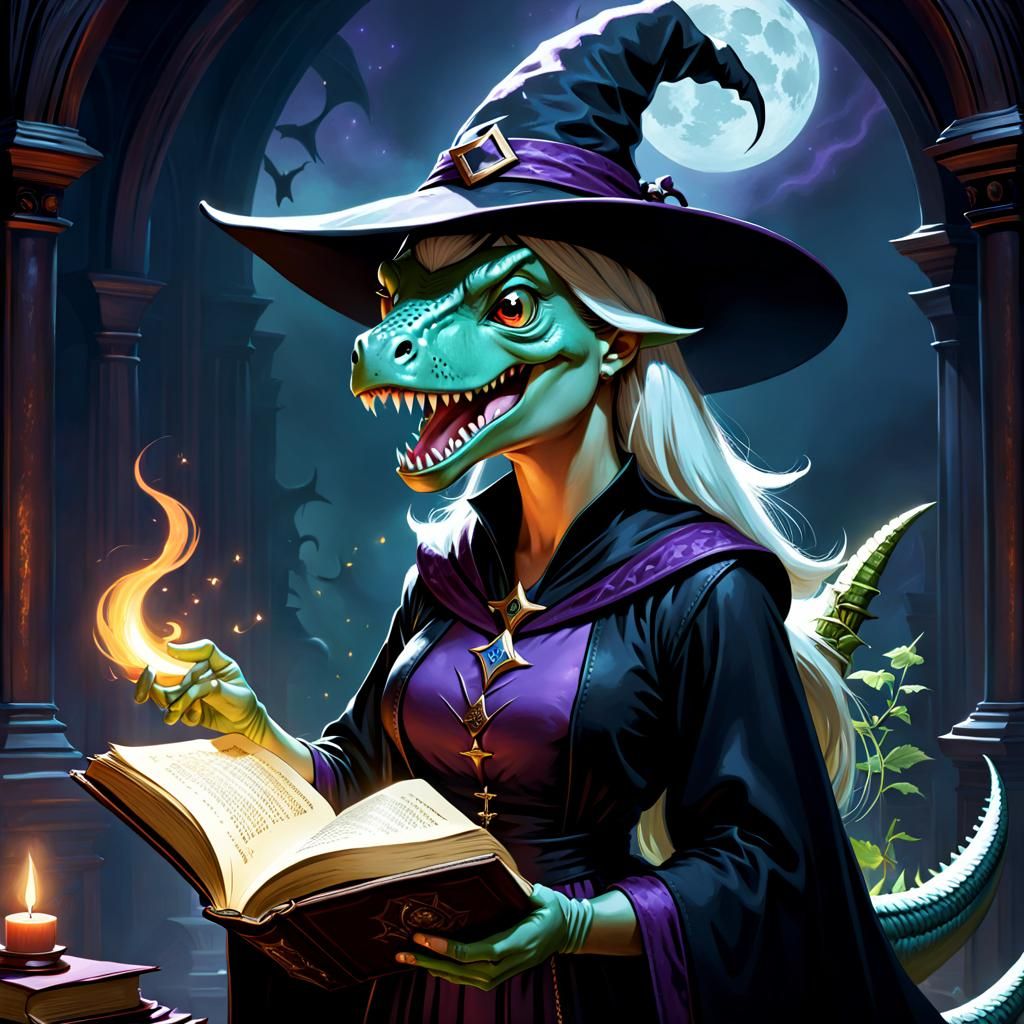 Witch Dinosaur Portrait in Dark Academia Style