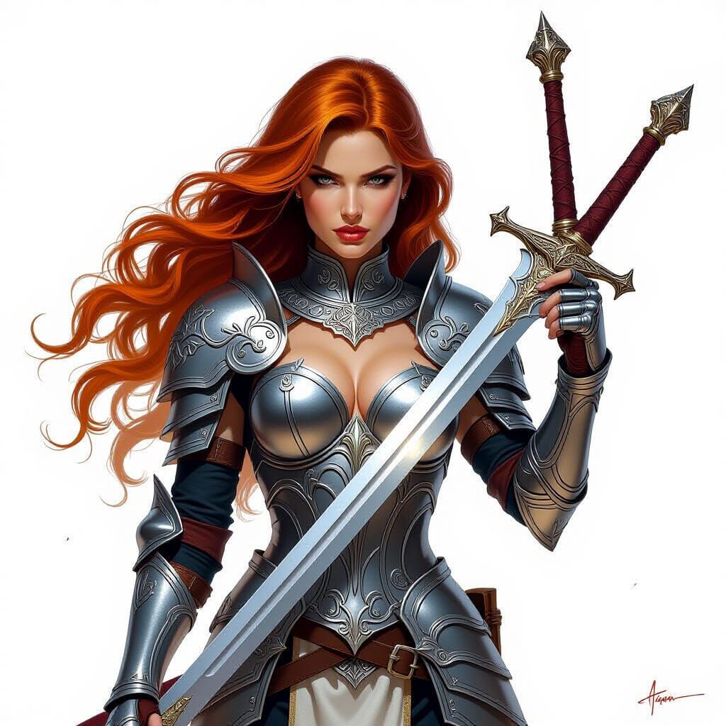 Female Warrior with Ancestral Sword in Fantasy Art Style