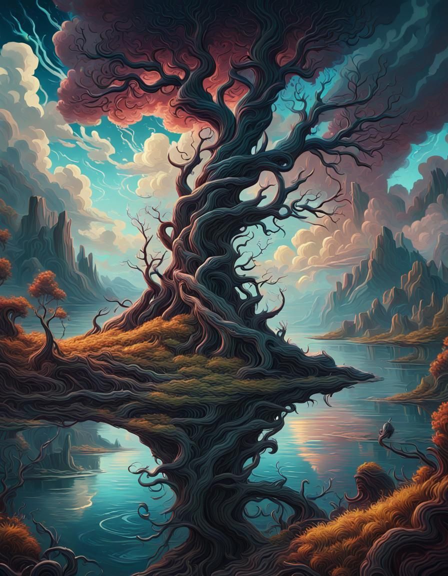 Psychedelic Oil Painting of Tree by Lake