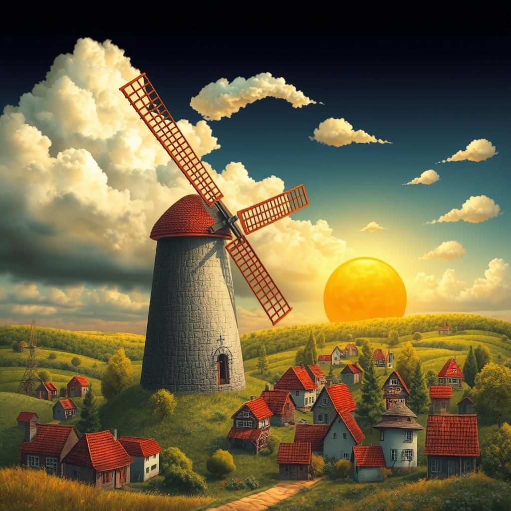 Whimsical Windmill in Surreal Town Under Golden Sun