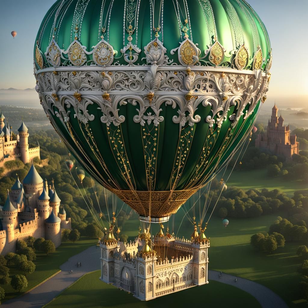 Ornate Hot Air Balloon Ascends to Castle