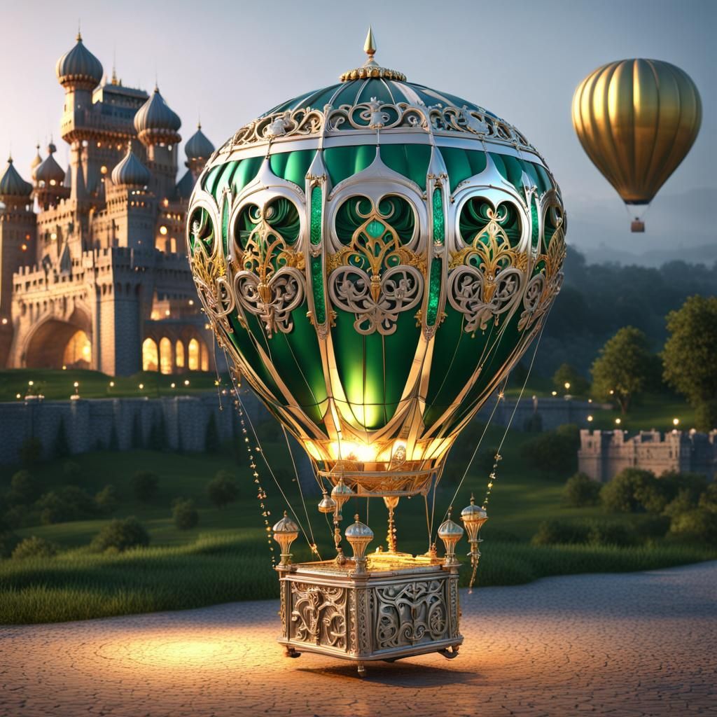 Ornate Hot Air Balloon to Castle, Sci-Fi Style