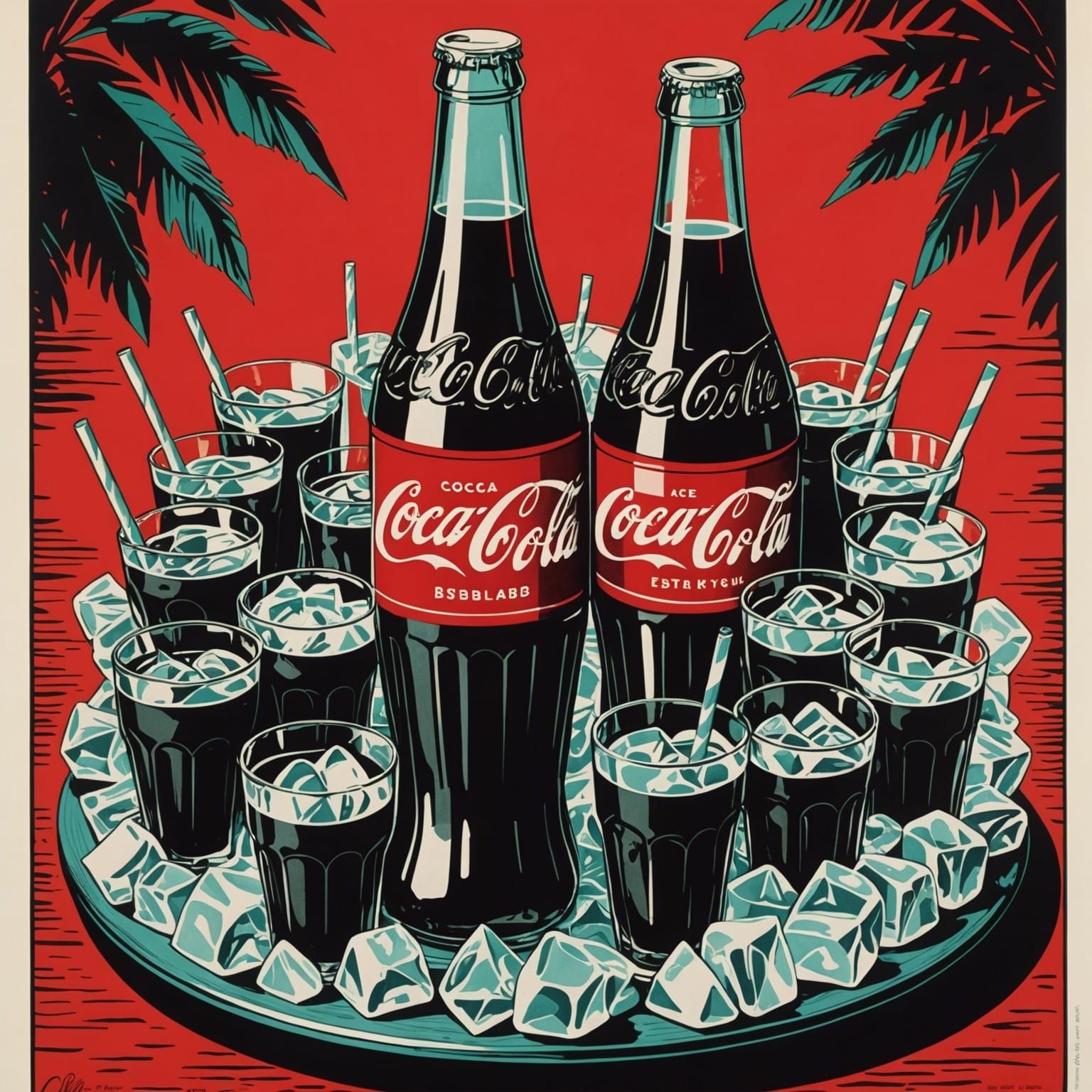 Coca-Cola Bottle in Wood Engraving, 1950s Poster Art