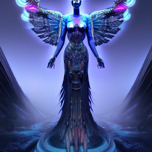 Female Alien Angel Guarding Portal in Sci-Fi Style