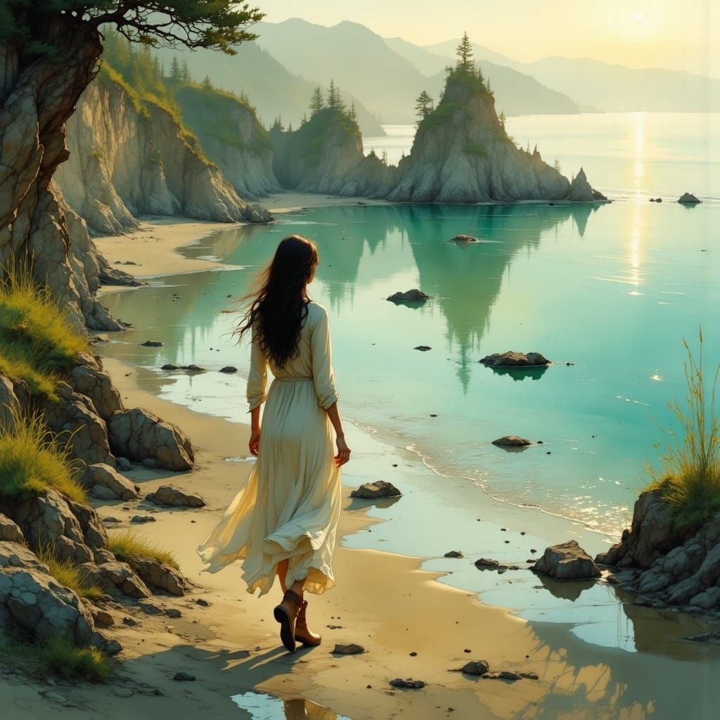 Mystical Dawn Stroll on Tranquil Ocean Bay