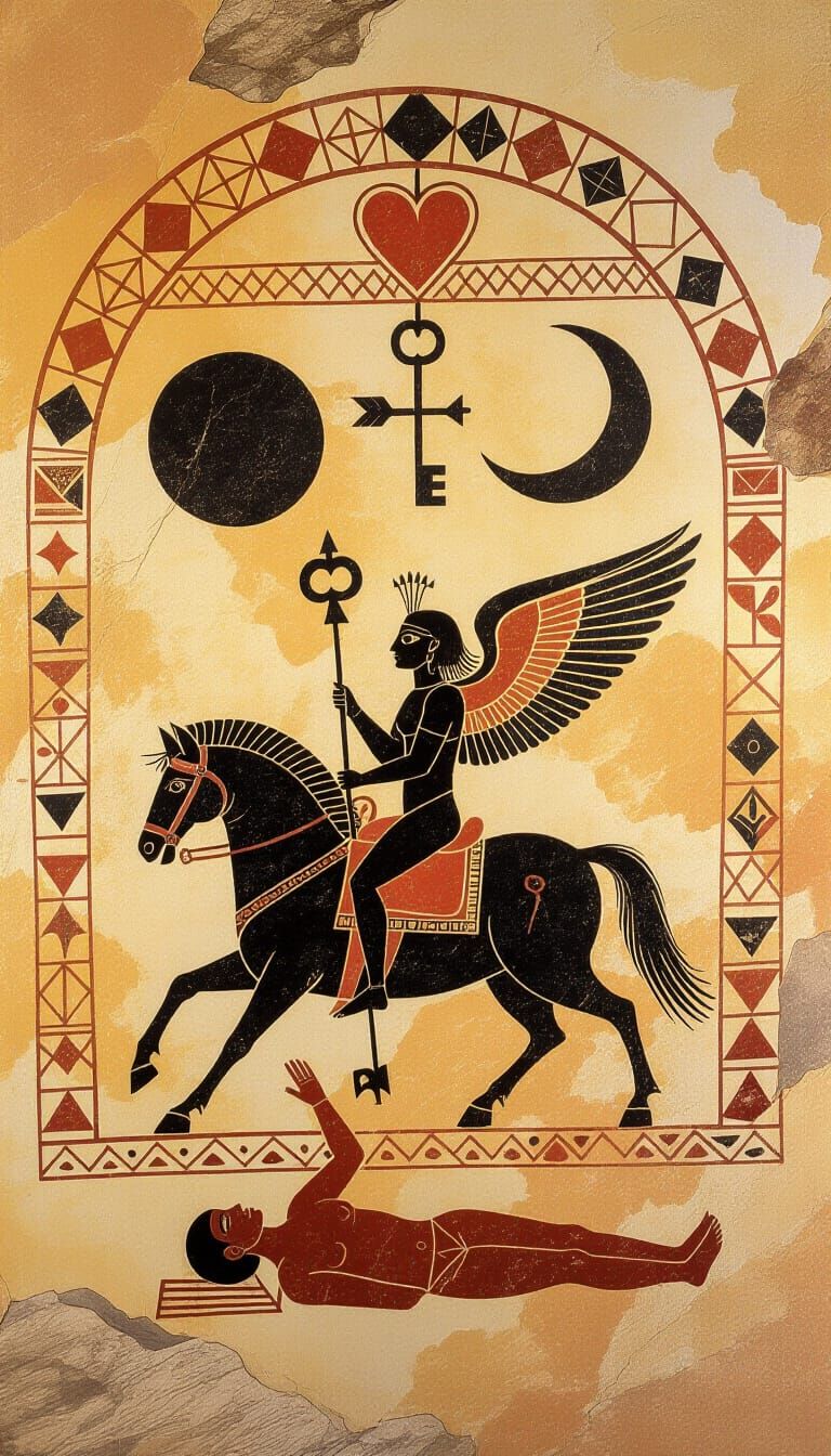 Ancient Cave Art: Winged Figure and Celestial Symbols