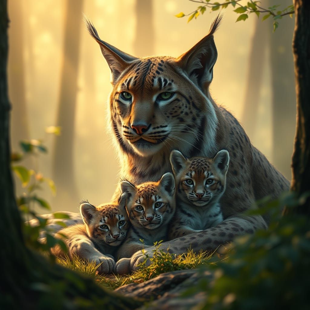 Lynx Family in Misty Forest: Digital Matte Painting