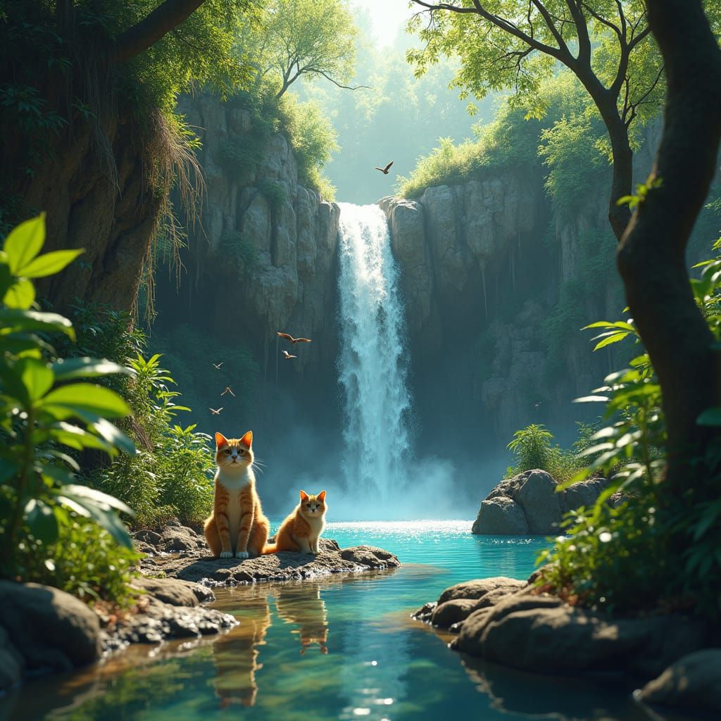 Crystal Waterfall Scene with Cats and Diamond Birds