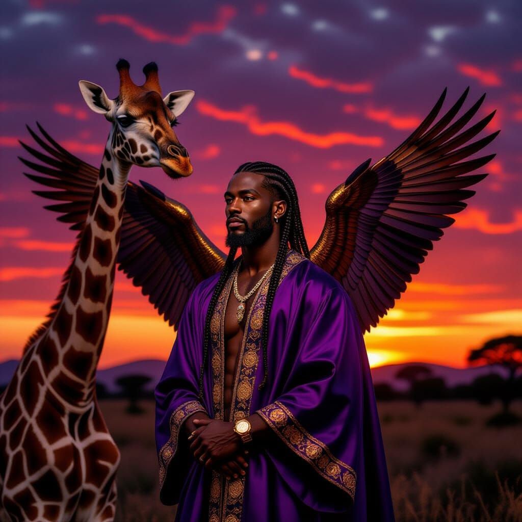 Black Man in Purple Robe with Golden Wings and Giraffe at Su...