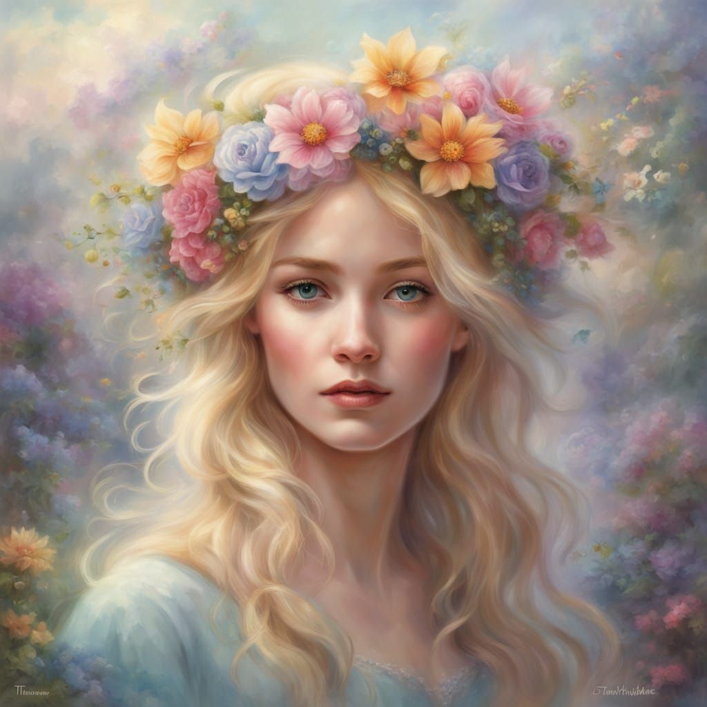 Romantic Ethereal Fantasy Woman in a Whimsical Floral Realm