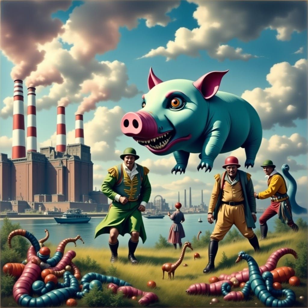 Battersea Power Station Alien Attack in Oil Painting Style