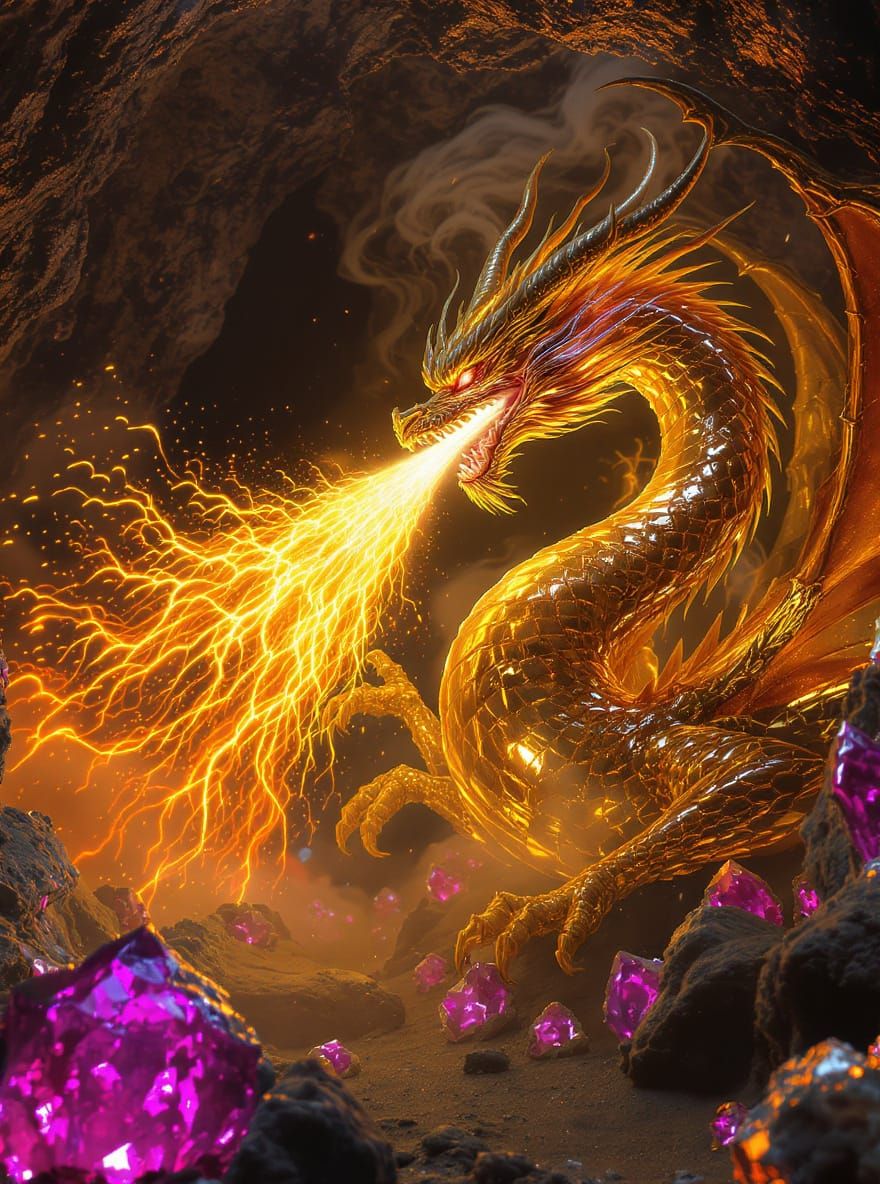 Molten Gold Dragon Breathes Light in Amethyst Cavern