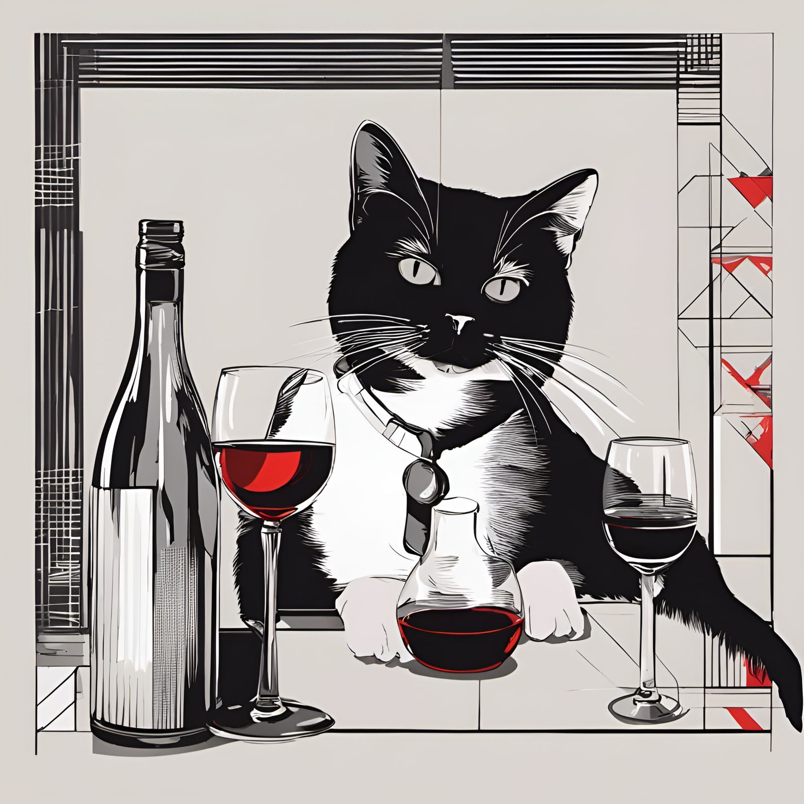 Pop Art Cat Enjoys Wine in Bauhaus Style